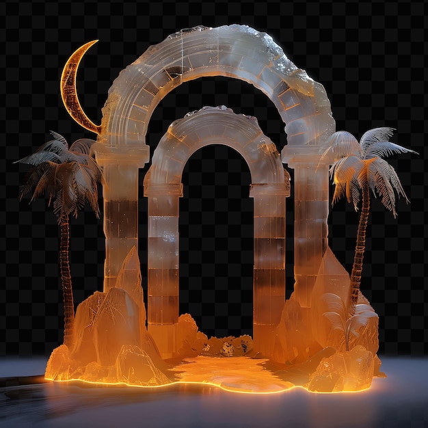 PSD portão místico do oásis do deserto com palmeiras e lua crescente design cnc frame art inc creative psd