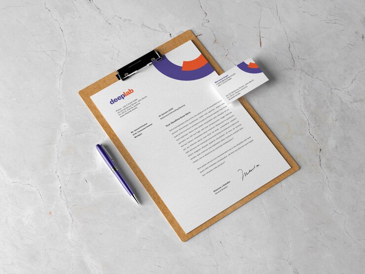 Portapapeles con documento, tarjeta de visita y bolígrafo