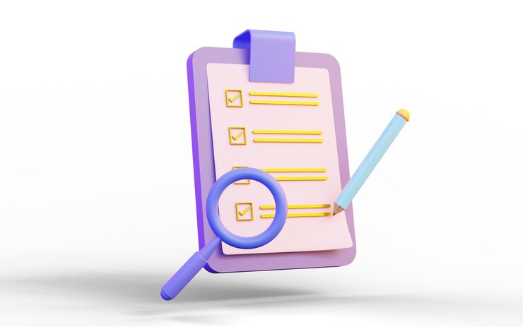 PSD portapapeles de documentos con megnifyglass y signo de lápiz sobre fondo blanco concepto de renderizado 3d