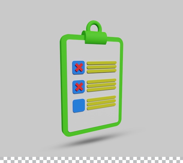 Portapapeles con icono de nota de papel de lista de verificación o símbolo 3d render
