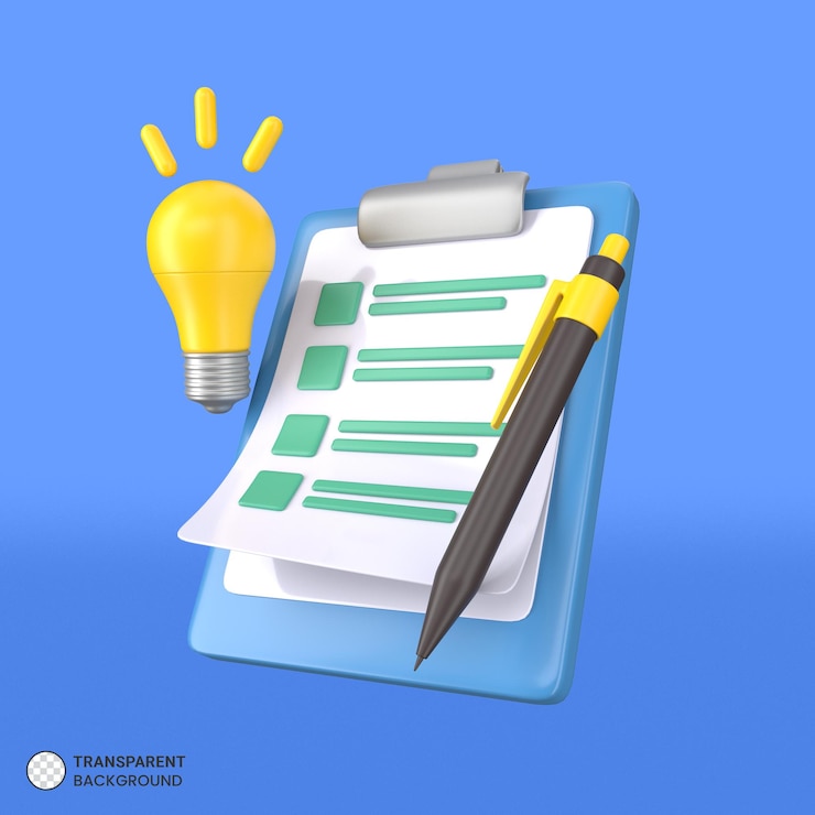 PSD portapapeles de lista de verificación 3d e icono de concepto de generación de ideas aislado