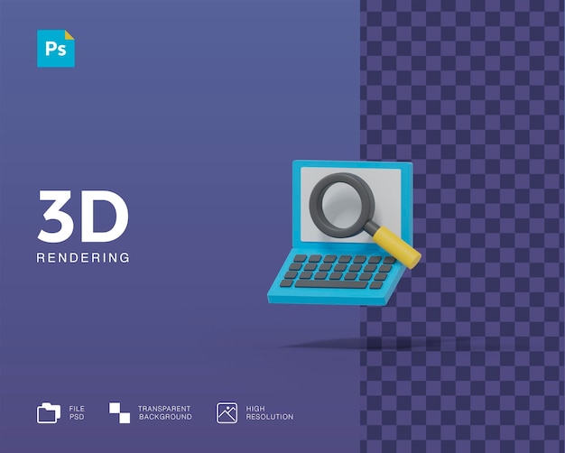 Portátil 3D con lupa buscando ilustración
