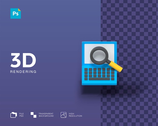 PSD portátil 3d con lupa buscando ilustración