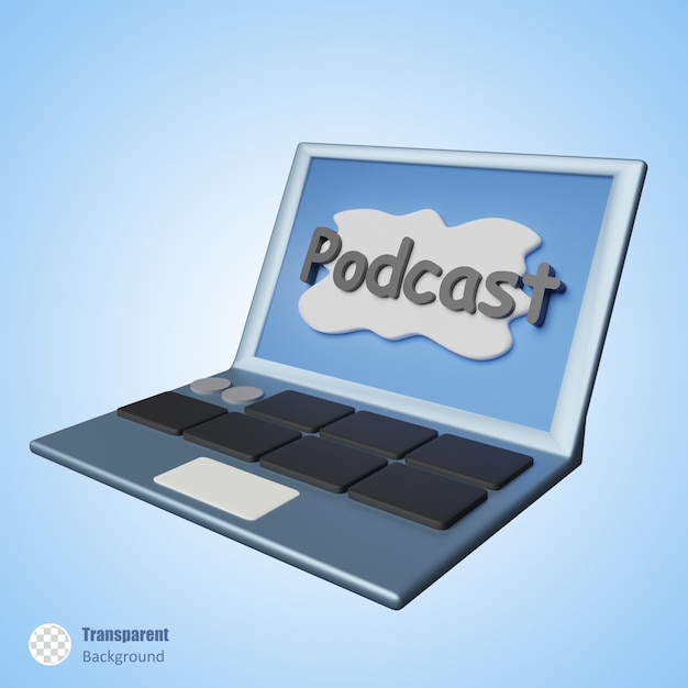 Portátil con pantalla de podcast en diseño de renderizado 3d