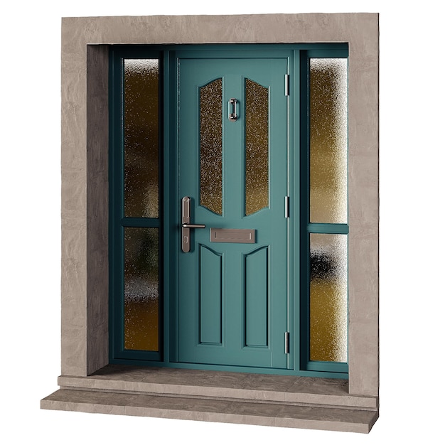 Une porte bleue avec une garniture dorée se trouve devant un mur de pierre