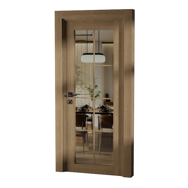 Une porte en bois avec un miroir et une table en arrière-plan