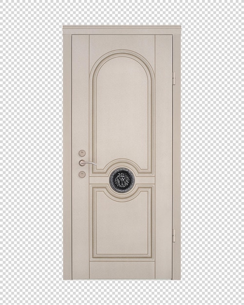 Porte d'entrée carrée sculptée classique en bois beige, vue de face, porte extérieure