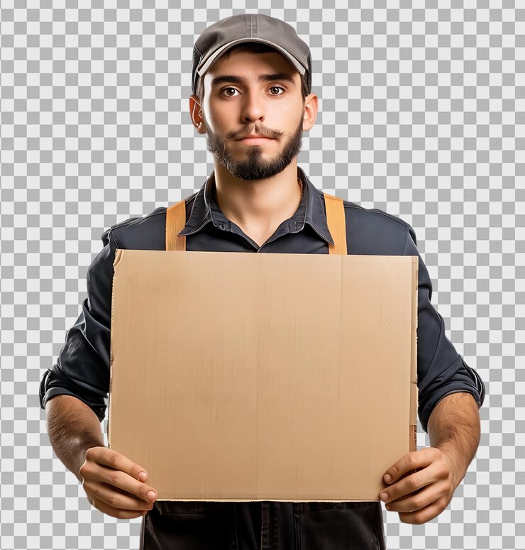 PSD porter em uniforme segurando um quadro em branco isolado em fundo transparente