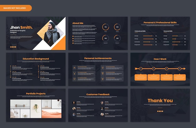 Portfólio pessoal e currículo cv visão geral dark modelo de slide de apresentação