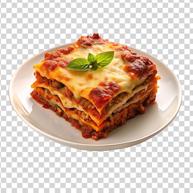 Portion lasagne auf dem teller, isoliert auf durchsichtigem hintergrund
