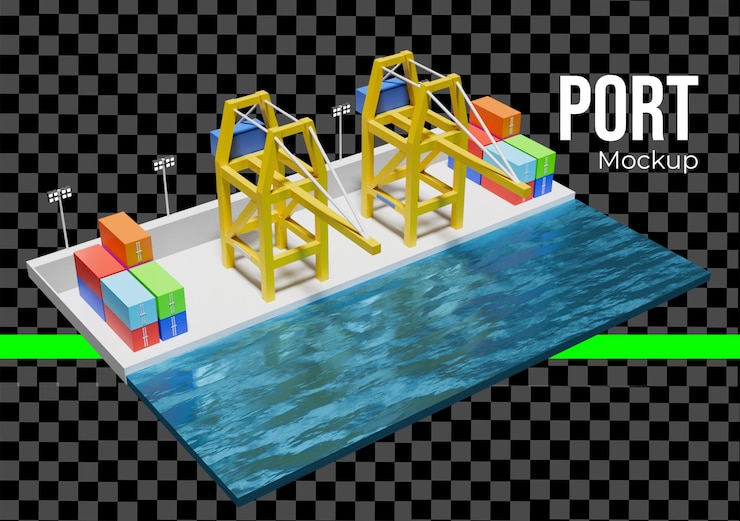PSD porto isométrico 3d com guindastes de contêineres e navios de carga