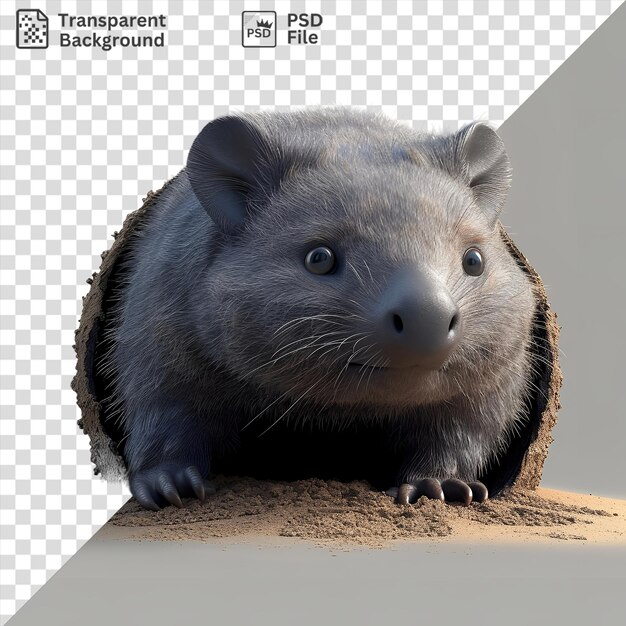 Porträt 3D-Cartoon-Wombat gräbt eine Höhle mit seinem unverwechselbaren grauen Gesicht, schwarzer Nase und blauen Augen, während sein kleines Ohr und seine schwarze Pfote im Vordergrund sichtbar sind