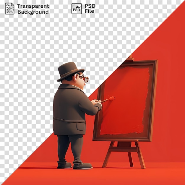 PSD porträt 3d-fälscher karikatur, der ein gefälschtes gemälde an einer roten wand erstellt, trägt einen grauen und schwarzen hut, schwarze brille und schwarze schuhe mit einer weißen hand, die vorne sichtbar ist