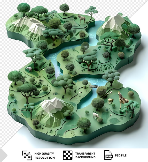 PSD porträt 3d-modell des kruger-nationalparks mit einer vielzahl von bäumen und tieren, darunter eine giraffe, ein zebra und kleine grüne bäume