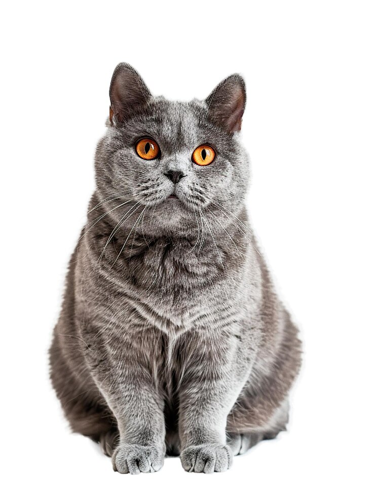 Porträt einer dicken britischen Kurzhaarkatze, die mit Interesse auf einem durchsichtigen Hintergrund in die Kamera schaut