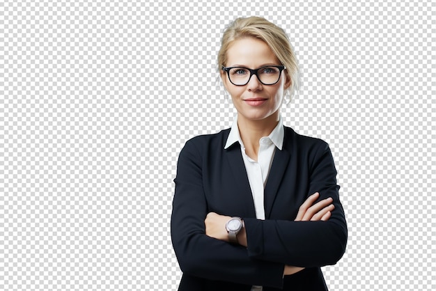 Porträt einer erfolgreichen und glücklichen Geschäftsfrau, isoliert auf einem transparenten Hintergrund