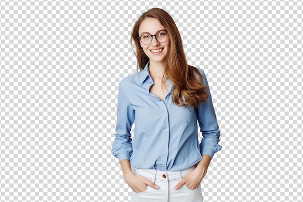 Porträt einer Frau mit Händen in Taschen auf weißem, isoliertem Hintergrund