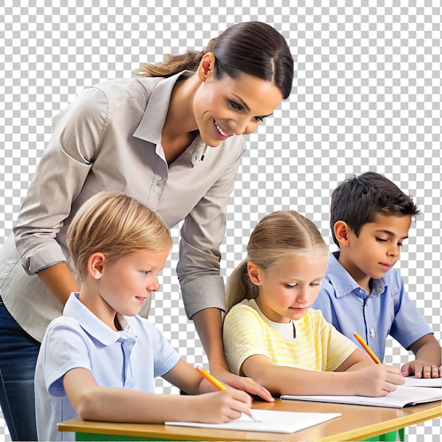 Porträt einer glücklichen Lehrerin und Schüler, die in ein Notizbuch schreiben