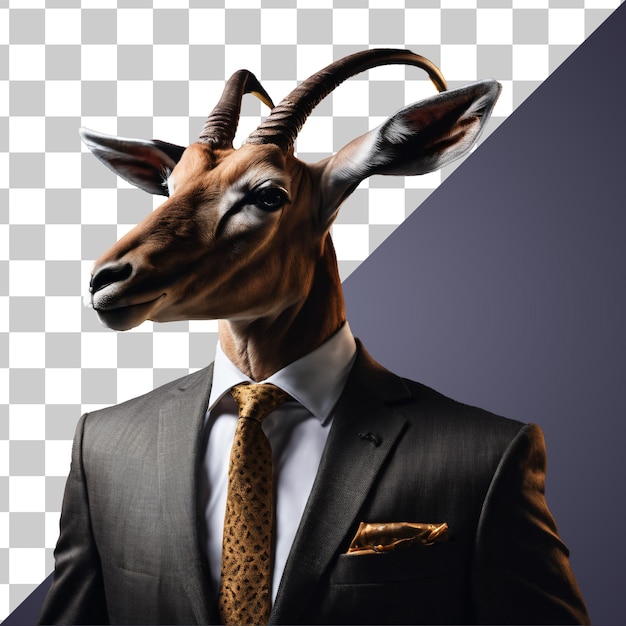 PSD porträt einer humanoiden anthropomorphen antilope, die einen geschäftlichen anzug trägt, isoliert und transparent