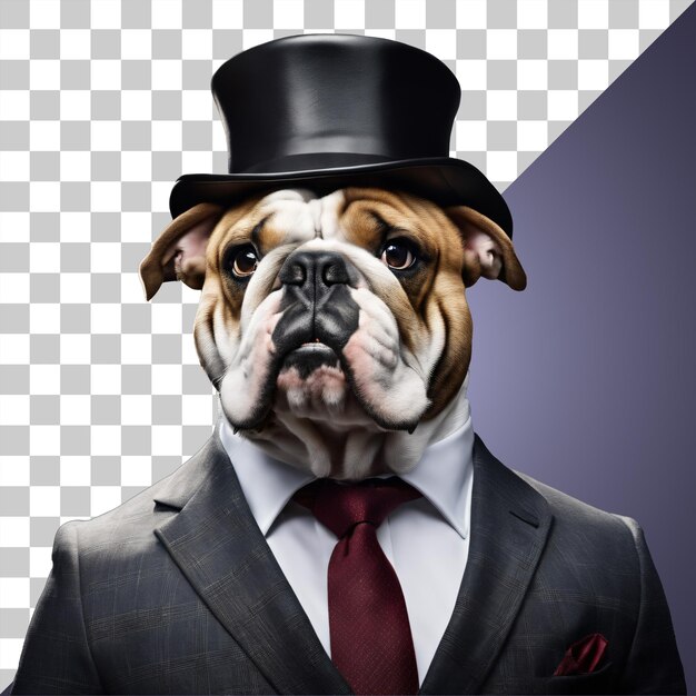 Porträt einer humanoiden Bulldogge im Business-Anzug mit Zylinder, isoliert durchsichtig