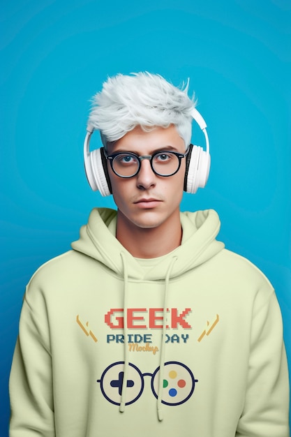 Porträt einer Person, die ein Geek-Pride-T-Shirt-Mockup trägt
