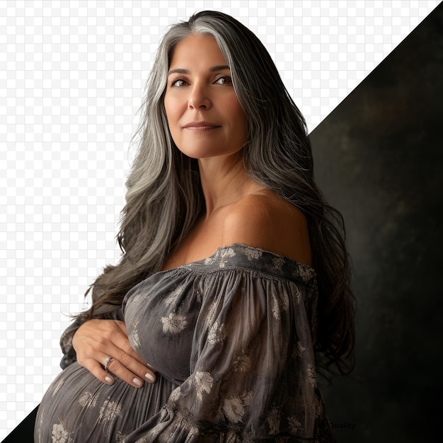 PSD porträt einer ruhigen schwangeren frau mit langen grauen haaren im kleid