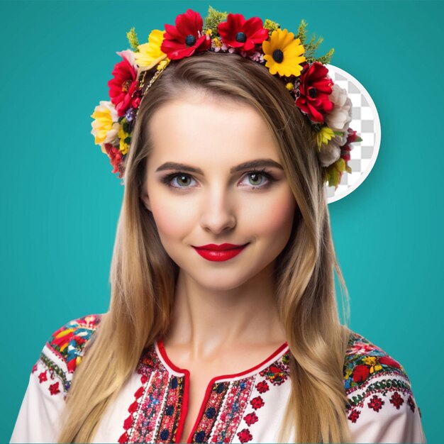 PSD porträt einer ukrainischen frau in traditioneller ethnischer kleidung und einem roten blumenkrans auf dem viva magenta-studio