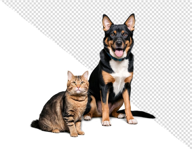 Porträt eines glücklichen Hundes und einer Katze, die auf einen durchsichtigen Hintergrund in die Kamera schauen