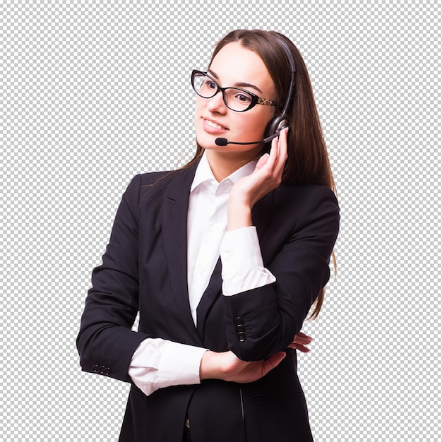Porträt eines glücklichen, lächelnden, fröhlichen Support-Telefonbetreibers in einem Headset, das an einer weißen Wand isoliert ist