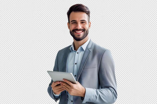 PSD porträt eines hübschen, glücklichen jungen mannes, der mit einem laptop sitzt, die arme ausgestreckt und auf weiß isoliert ist