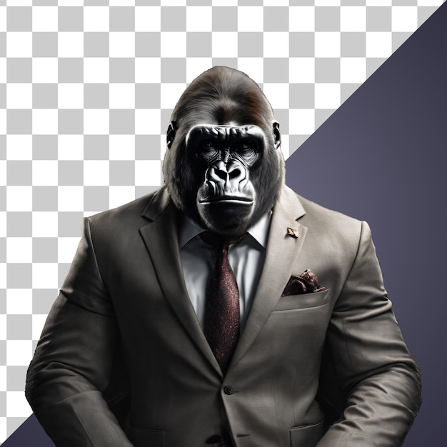 PSD porträt eines humanoiden anthropomorphen gorillas, der einen geschäftlichen anzug trägt, isoliert und transparent