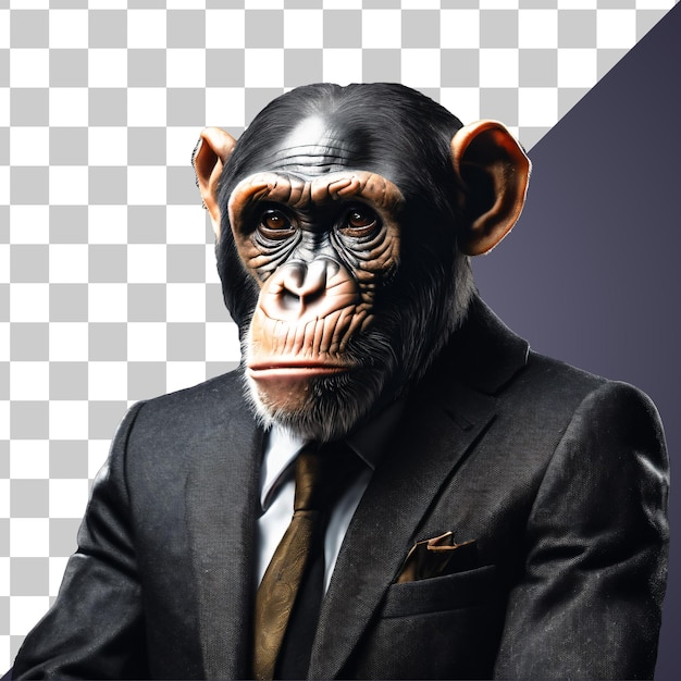 PSD porträt eines humanoiden anthropomorphen schimpansen, der einen businessman-anzug trägt, isoliert und transparent
