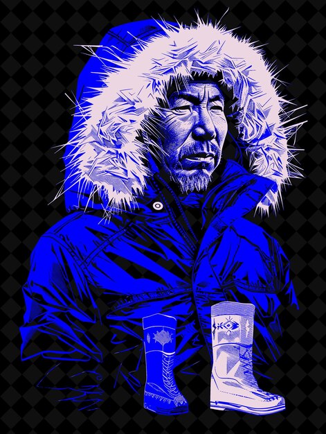 PSD porträt eines inuit-mannes, der eine parka und seehunde-stiefel trägt, und ein lebendiges farbdesign png-kollektionen