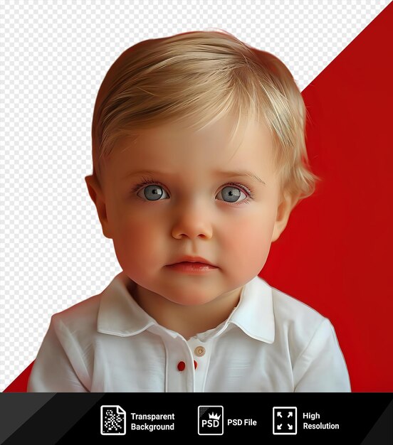 PSD porträt eines jungen babys mit ernsthaftem gesichtsausdruck, das ein weißes hemd und blonde haare trägt und vor einer roten wand steht. die merkmale des babys sind ein kleines ohr, braune und blaue augen png psd