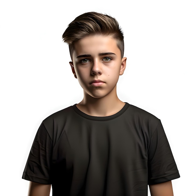 Porträt eines jungen mannes in einem schwarzen t-shirt auf weißem hintergrund