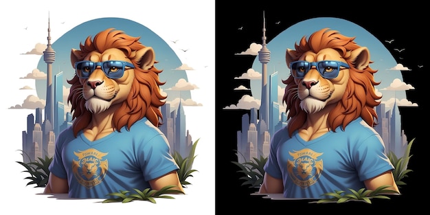 PSD porträt eines löwen mit sonnenbrille und städtischen gebäuden im hintergrund isolierte t-shirt-design für