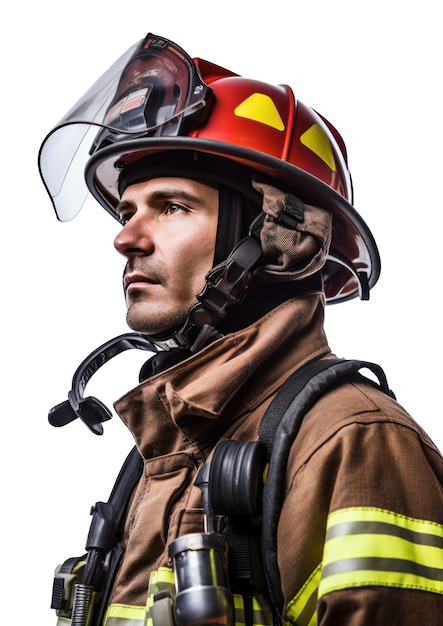 Porträt eines männlichen Feuerwehrmanns, der in Sicherheitsuniform im Profil posiert