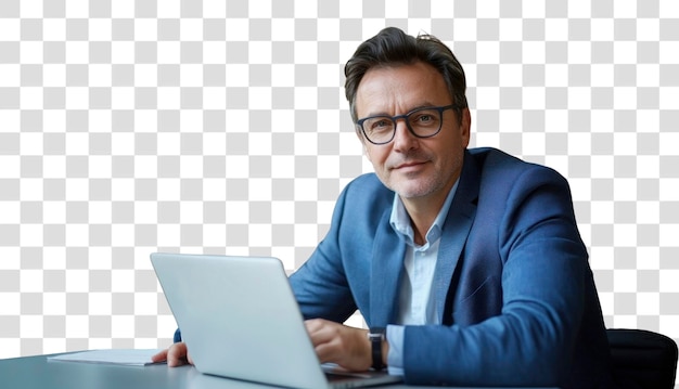 Porträt eines selbstbewussten Geschäftsmanns, Laptop, Führungsbrille