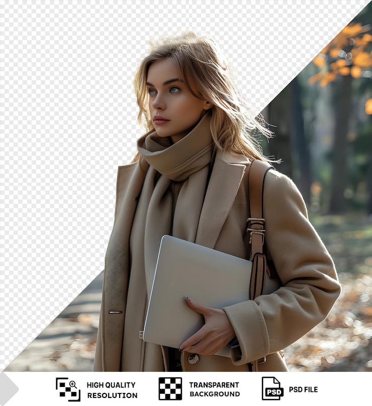 PSD porträt junger frau mit laptop in den händen, die im park spazieren geht png psd