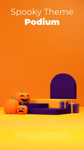 PSD porträt-layout 3d-rendering-mockup-halloween-szene mit lila und gelbem podium mit kürbissen