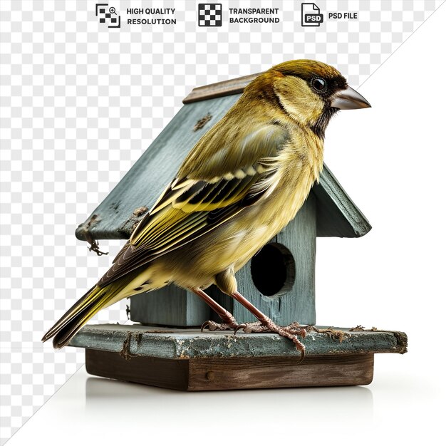 PSD porträt realistischer fotografischer ornithologen vogelhaus mit einem gelben vogel mit braunem kopf, schwarzem auge und spitzen schnabel auf einem holzbrett mit einem runden