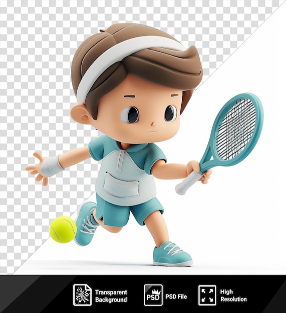 PSD porträt von einem 3d-tennisspieler aus zeichentrickfilmen, der mit einem blauen schläger einen starken serve macht, einen braunen hut und blauen shorts trägt und einen gelben ball hält. die spieler haben schwarze augen und png-psd.