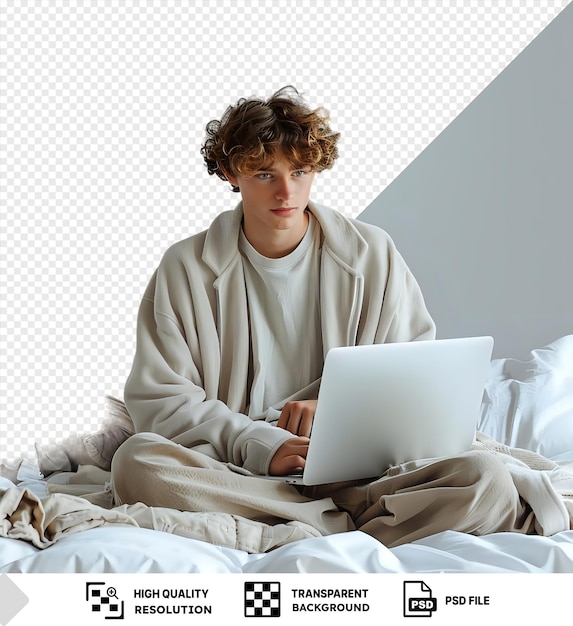 Porträt von einem lockerhaarigen jungen mann, der mit einem laptop auf einem bett sitzt, umgeben von weißen kissen und einer weißen wand, der einen grauen und weißen pullover trägt und eine in png sichtbare hand hat