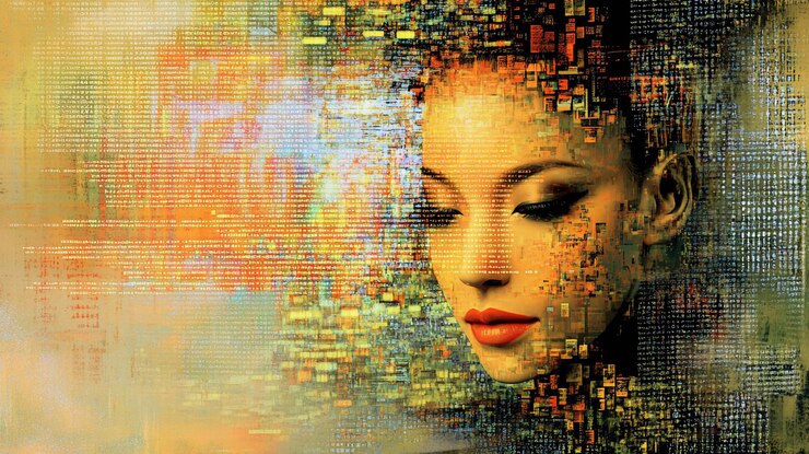 PSD portrait abstrait d'une femme avec un visage pixelé