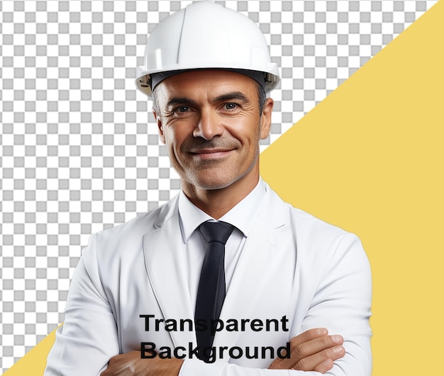 PSD portrait d'un architecte en casque de construction et manteau blanc souriant isolé sur whitex9xav