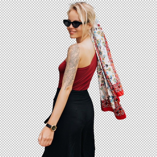 Portrait de l'arrière d'une jolie dame élégante avec un foulard de soie et des lunettes de soleil