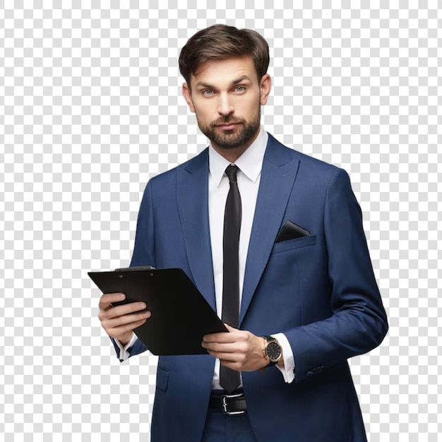 Portrait d'un beau jeune homme d'affaires tenant un dossier sur un fond transparent