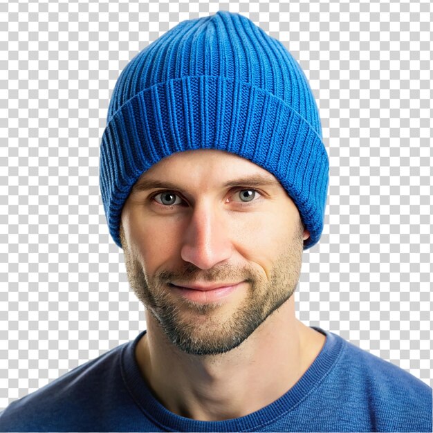 PSD portrait d'un beau jeune homme avec un chapeau tricoté isolé sur un fond transparent