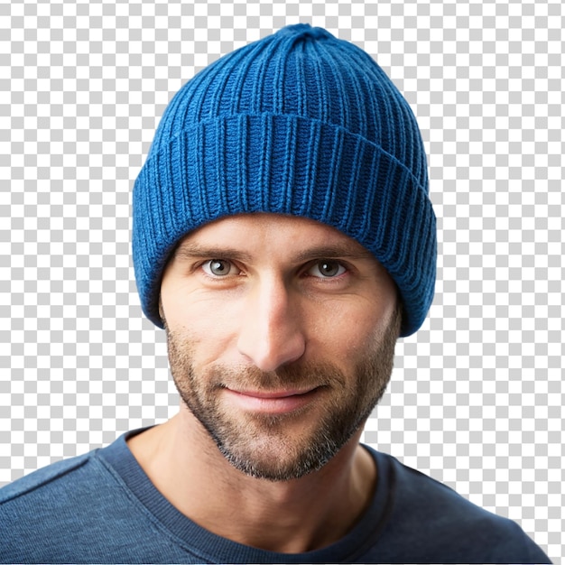 PSD portrait d'un beau jeune homme avec un chapeau tricoté isolé sur un fond transparent