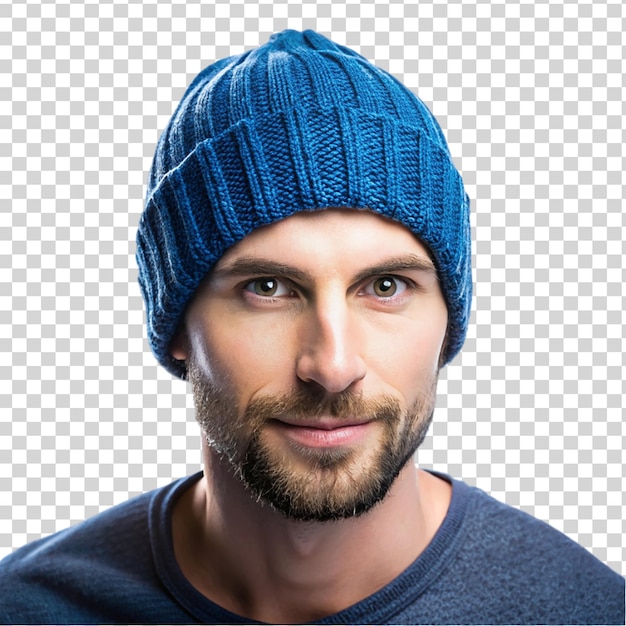 PSD portrait d'un beau jeune homme avec un chapeau tricoté isolé sur un fond transparent